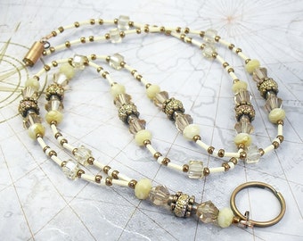 SALE! - Beaded Lanyard, ID Badge Holder, ID Lanyard, Glasses Holder - Natural Marble, Copper and Champagne Crystal