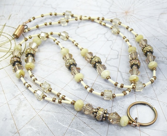 SALE! - Beaded Lanyard, ID Badge Holder, ID Lanyard, Glasses Holder - Natural Marble, Copper and Champagne Crystal