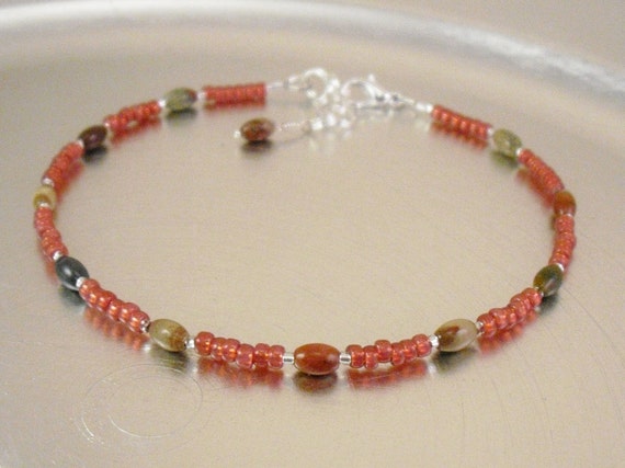 Beaded Ankle Bracelet - Petite Rainbow Jasper and Red Coral Glass Anklet