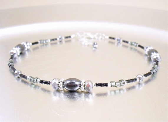 Beaded Ankle Bracelet - Hematite, Black and Metallic Silver Glass Anklet