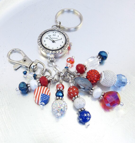 Patriotic Red, White and Blue Crystal Glass Cluster Beaded Key Chain, Purse Embellishment, Zipper Pull with/without Geneva Watch Face