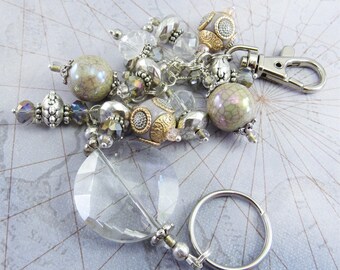 Bold Slver, Grey and Clear Crystal Glass and Rhinestone Cluster Beaded Key Chain