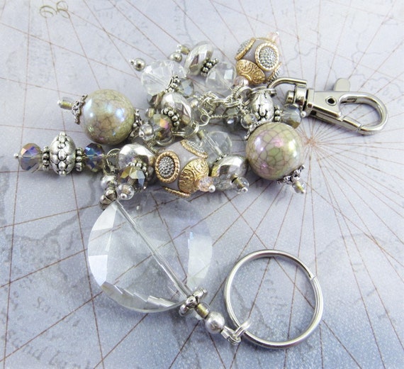 Bold Slver, Grey and Clear Crystal Glass and Rhinestone Cluster Beaded Key Chain