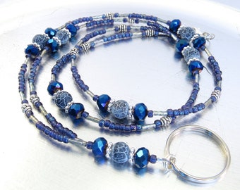 Faceted Dark Blue Metallic Crystal Glass and Crackle Agate Stone Beaded ID Lanyard, Badge Holder, ID Badge Necklace