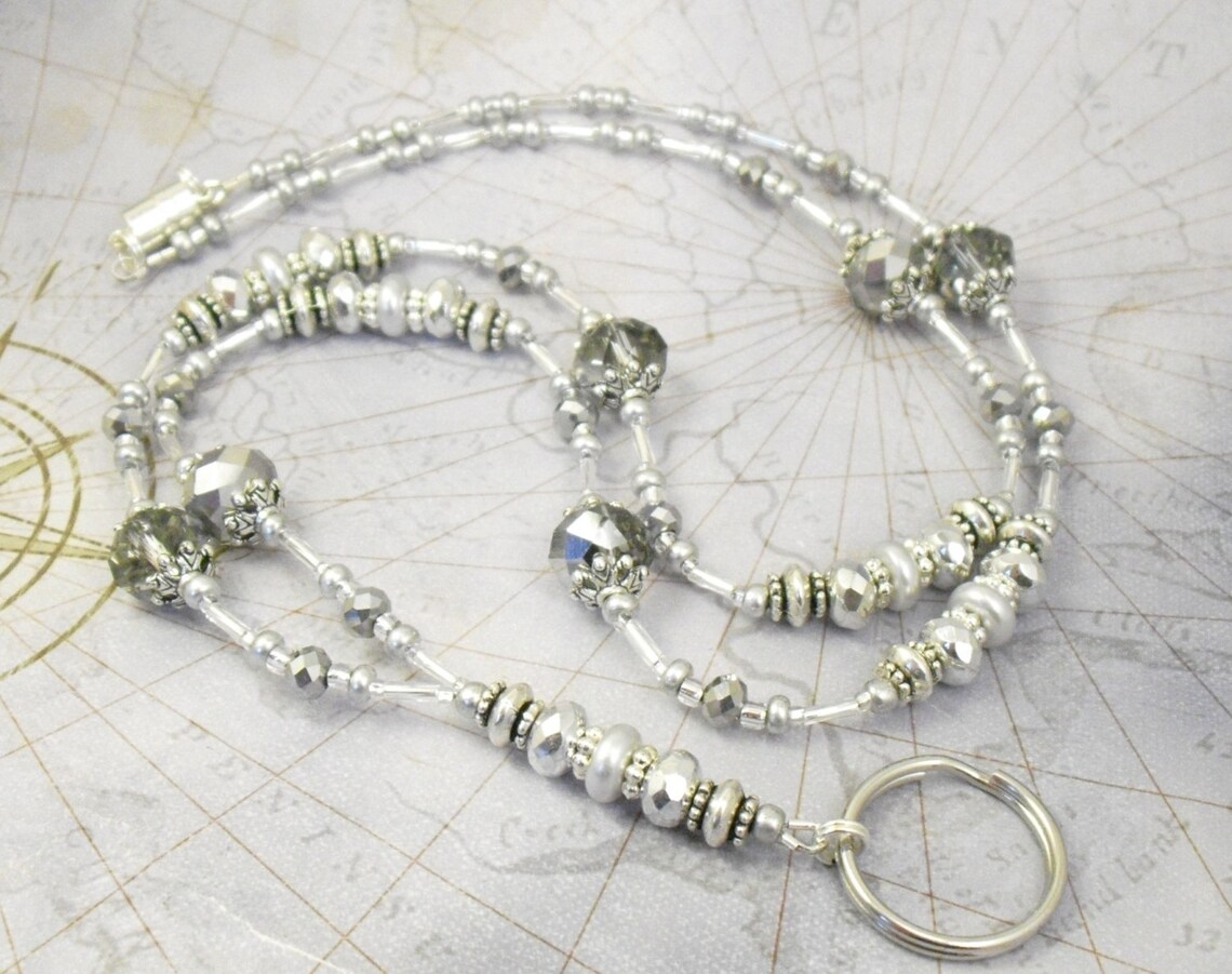 Beaded Lanyard Silver and Grey Sparkly Beaded ID Badge Etsy
