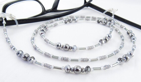 Gunmetal Hematite, Metallic and Gray Crystal Glass Beaded Eyeglass Lanyard, Sunglasses Leash, Glasses Necklace