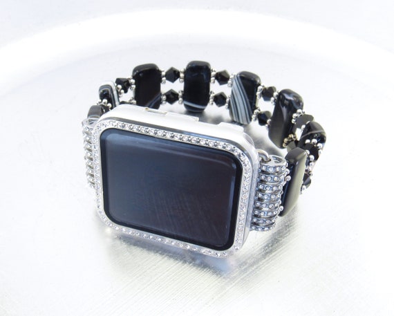 Apple Watch Band - Black and Gray Sardonyx and Black Crystal Glass Apple Watch Band