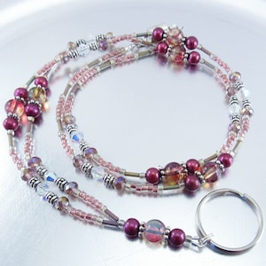 Beaded Lanyard - Amethyst Crystal Glass, Burgundy Freshwater Pearl and  Mauve Rainbow Glass Beaded Credential Necklace, Glasses Holder