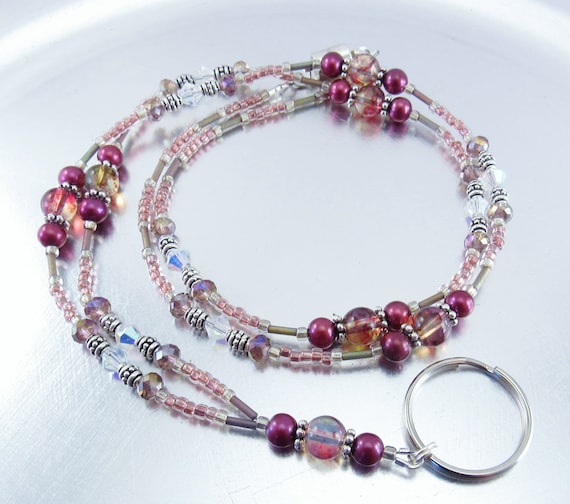 Beaded Lanyard - Amethyst Crystal Glass, Burgundy Freshwater Pearl and  Mauve Rainbow Glass Beaded Credential Necklace, Glasses Holder
