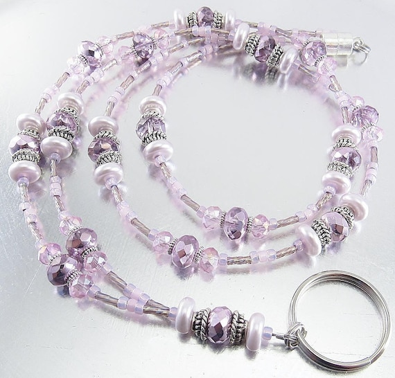 Lavender, Lilac and Pink Beaded Lanyard, ID Badge Holder, ID Necklace Holder, Badge Clip Necklace