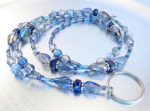 Faceted Blue Crystal Glass and Blue Shell Beaded ID Lanyard, Badge Holder, ID Badge Necklace