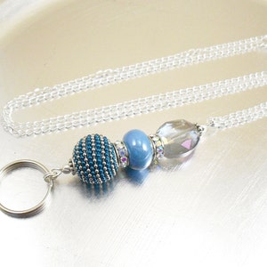 Rainbow Crystal Glass, AB Swarovski Crystal Wheels and Metallic Blue and Silver ID Lanyard, Badge Holder on Silver Chain or Leather Cord image 1