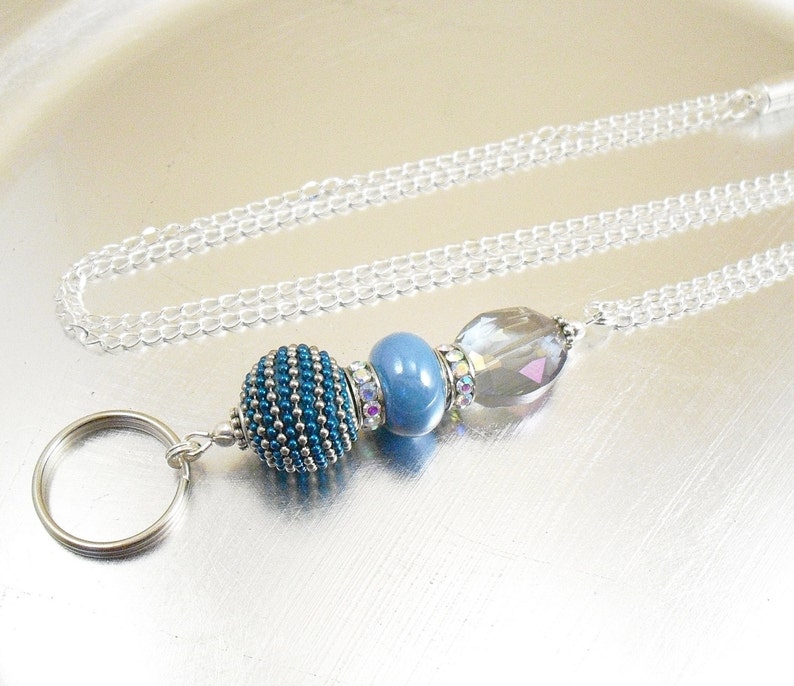 Rainbow Crystal Glass, AB Swarovski Crystal Wheels and Metallic Blue and Silver ID Lanyard, Badge Holder on Silver Chain or Leather Cord image 1