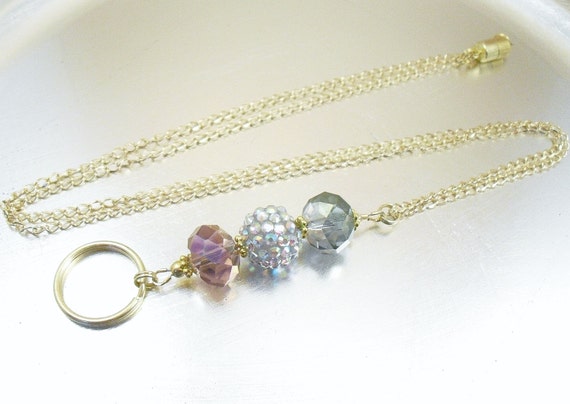 Pink and Green Faceted Crystal Glass ID Lanyard, Badge Holder, Key Chain Necklace - Curb Chain OR Leather Cord