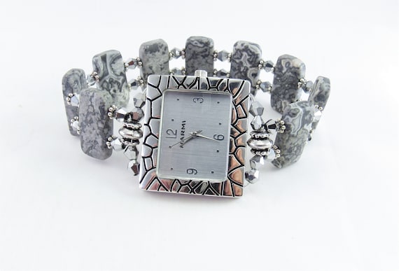 Bold Stretchy Bracelet Watch - Silver Crazy Lace Agate and Silver Metallic Crystal Glass Stretchy Band Watch