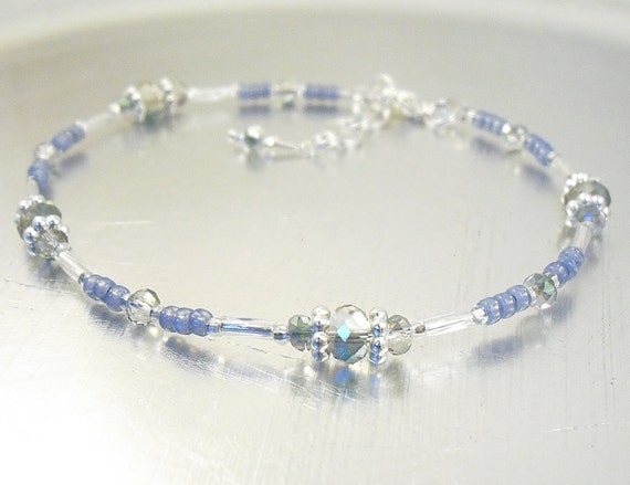Beaded Ankle Bracelet - Montana Blue, Silver and Rainbow Crystal Glass Anklet