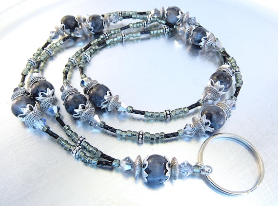 Eagle Eye Stone and Silver Metallic Sparkly Beaded ID Badge Holder, ID Lanyard, Credential Necklace