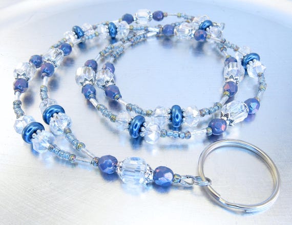 Faceted Clear Crystal Glass and Blue Pearl Beaded ID Lanyard, Badge Holder, Badge Necklace