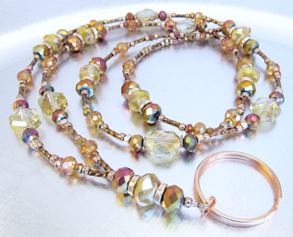 Metallic Rainbow and Rose Gold Sparkly Crystal Glass Badge Holder, ID Lanyard, Glasses Holder