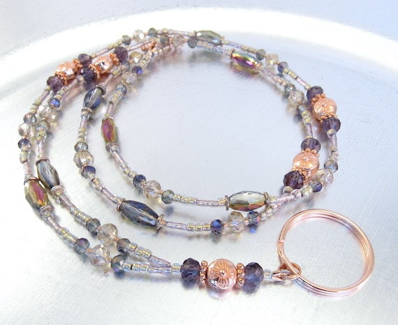 Beaded Lanyard - Rose Gold, Purple and Champagne Crystal Sparkly Crystal Glass ID Badge Holder, ID Lanyard, Glasses Holder