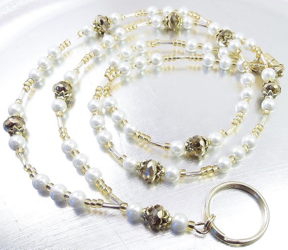 ID Lanyard - White Glass Pearl and Metallic Gold Crystal Glass Beaded ID Badge Holder, ID Necklace