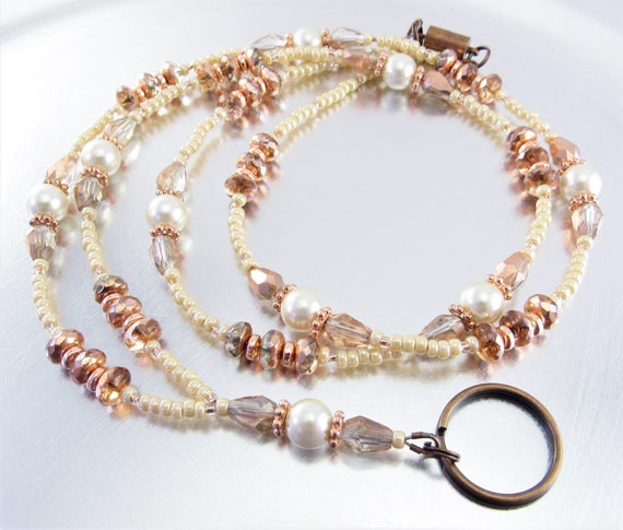 Beaded Lanyard - Ivory and Copper Sparkly Crystal Glass ID Badge Holder, ID Lanyard, Glasses Holder
