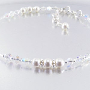 Beaded Ankle Bracelet - White Swarovski Pearl and Aurora Borealis Crystal Glass Anklet, Wedding, Bride, Bridesmaid, Gift