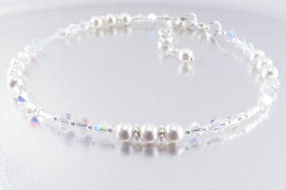 Beaded Ankle Bracelet - White Swarovski Pearl and Aurora Borealis Crystal Glass Anklet, Wedding, Bride, Bridesmaid, Gift