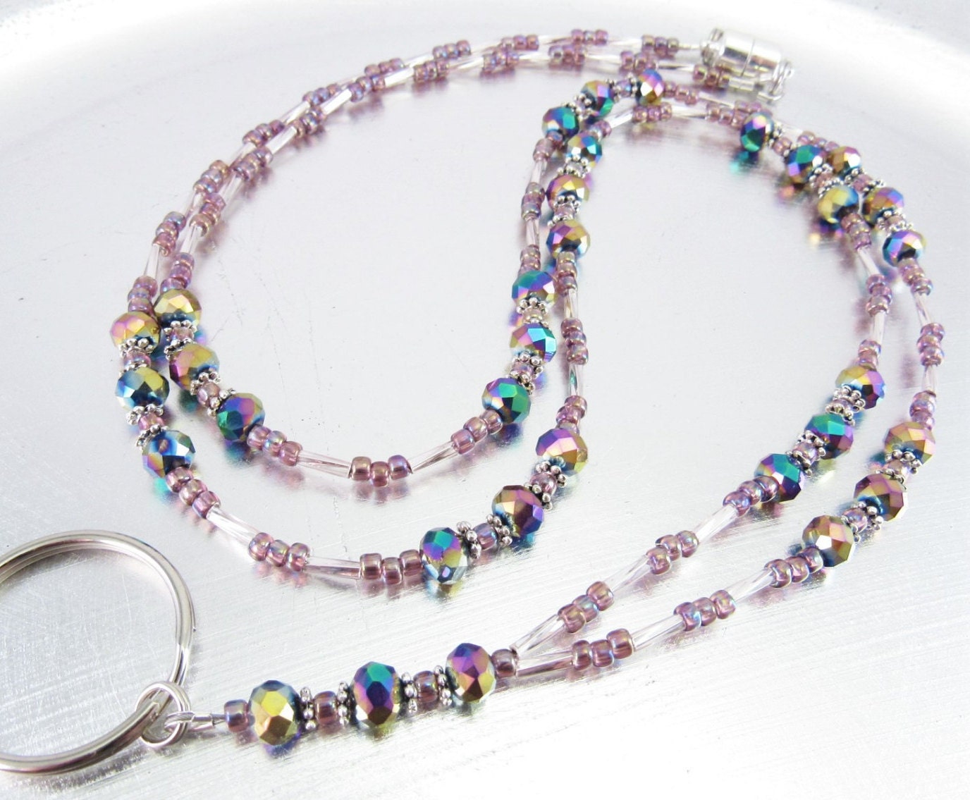 Faceted Rainbow Crystal and Amethyst Glass Beaded ID Lanyard