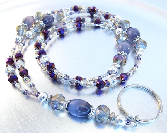 Purple Cat's Eye, Crystal and Rhinestone Sparkly Crystal Glass ID Lanyard, Badge Holder, ID Necklace, Key Chain Necklace