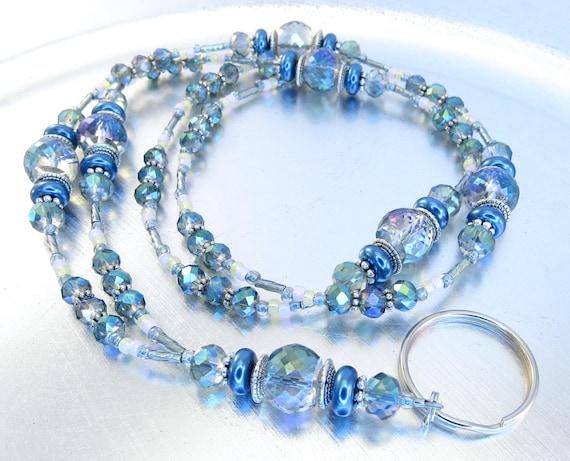 Lanyard - Bold Aqua and Blue Crystal Glass Beaded Lanyard, ID Badge Holder, ID Necklace Holder, Badge Clip Necklace
