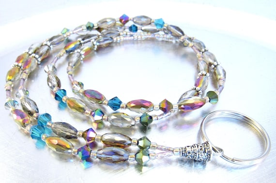 Rainbow Crystal Glass and Ocean Mix Bicone Crystal Beaded ID Badge Holder, Lanyard, Credential Necklace
