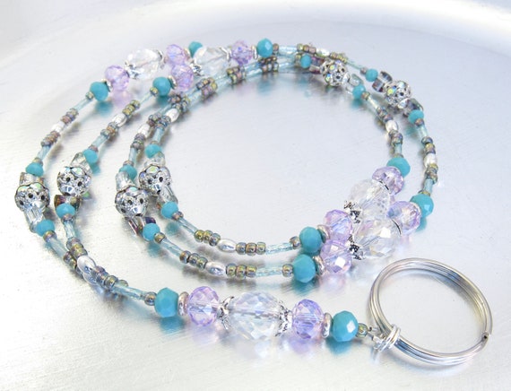 Faceted Crystal, Light Blue and Purple Crystal Glass Beaded Lanyard, ID Badge Holder, ID Necklace Holder, Badge Clip Necklace