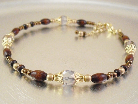 Beaded Ankle Bracelet - Crystal and Metallic Gold Czech Glass Anklet With Wood Accents