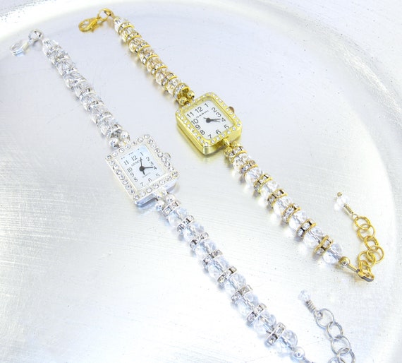 Beaded Bracelet Watch - Clear Crystal and Rhinestone Bracelet Watch in Silver OR Gold - Bride, Bridesmaid, Wedding, Gift