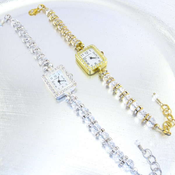 Beaded Bracelet Watch - Clear Crystal and Rhinestone Bracelet Watch in Silver OR Gold - Bride, Bridesmaid, Wedding, Gift