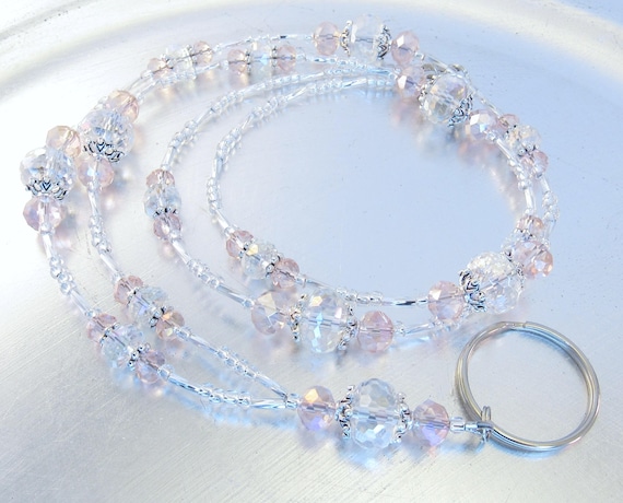 Pink and Clear Crystal Sparkly Beaded ID Badge Holder, Lanyard, Cruise ID Necklace, Identification Necklace