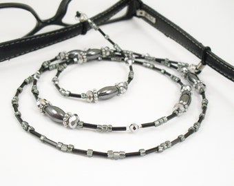 Hematite, Black and Metallic Silver Glass Eyeglass Lanyard, Eyeglass Leash/Necklace