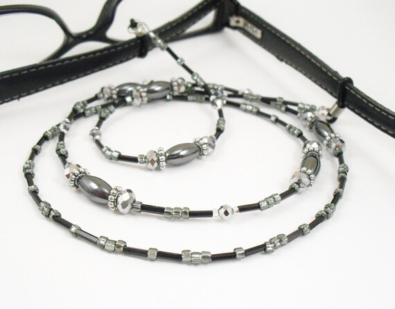 Hematite, Black and Metallic Silver Glass Eyeglass Lanyard, Eyeglass Leash/Necklace