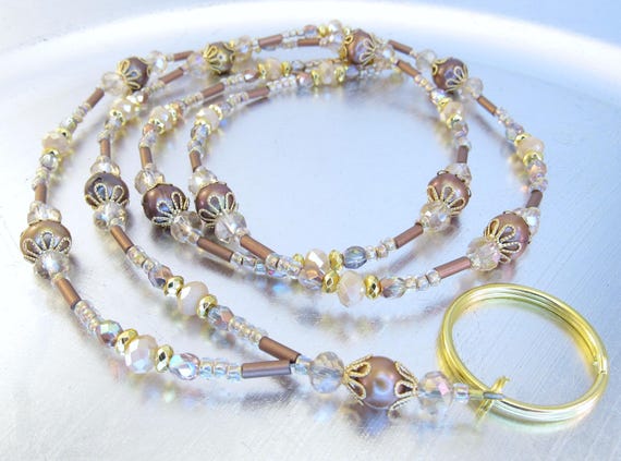 Beaded Lanyard - Champagne Crystal Glass and Brown Freshwater Pearl ID Badge Lanyard, Necklace - Beaded ID Lanyard, Badge Holder