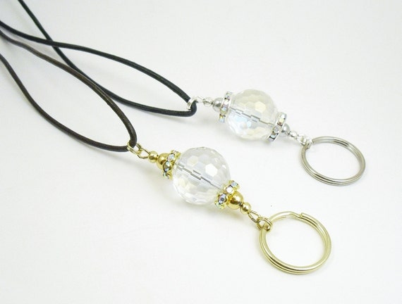 Leather Cord Lanyard OR Chain Lanyard - Aurora Borealis Crystal Glass Badge Holder on a Leather Cord or Silver Curb Chain