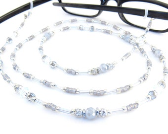 Silver and Grey Crystal Glass Beaded Eyeglass Lanyard, Sunglasses Leash, Glasses Necklace