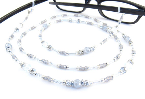 Silver and Grey Crystal Glass Beaded Eyeglass Lanyard, Sunglasses Leash, Glasses Necklace