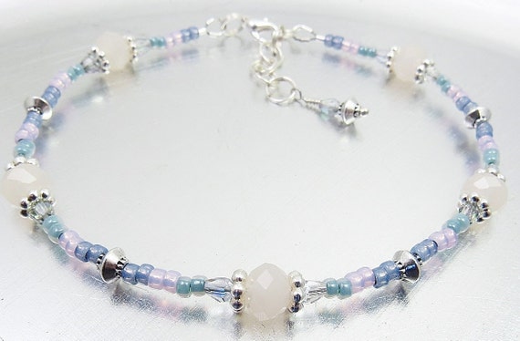 Beaded Ankle Bracelet - Milky Pink Crystal, Montana Blue, Light Purple and Silver Glass Anklet