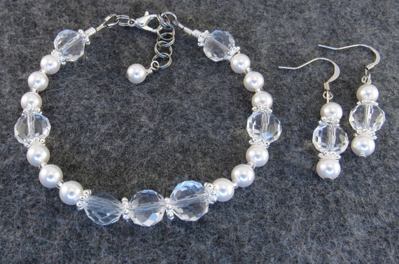 Clear Crystal Glass and White Swarovski Crystal Pearl Bracelet and Earring Set - Bride, Bridesmaid, Gift
