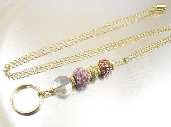 Pink, Gold and Copper Oval Link Gold Chain OR Leather Cord ID Lanyard, Badge Holder, Key Chain Necklace