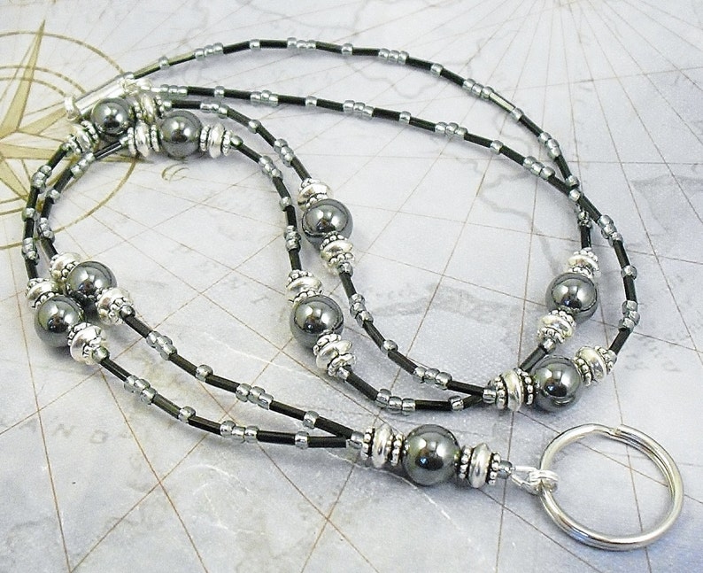 Beaded ID Lanyard Badge Holder ID Necklace Hematite and Etsy
