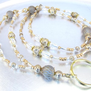 Metallic Gold and Aurora Borealis Crystal Beaded ID Badge Holder, ID Lanyard, Glasses Holder