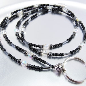 Beaded Lanyard, ID Necklace, Badge Holder, Credential Necklace - Petite Black Hematite and Aurora Borealis Crystal