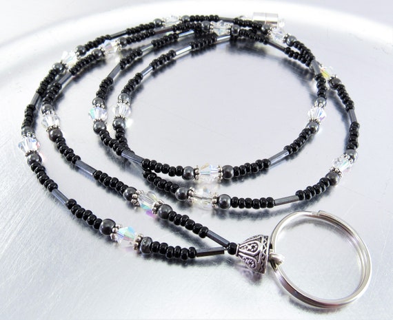 Beaded Lanyard, ID Necklace, Badge Holder, Credential Necklace - Petite Black Hematite and Aurora Borealis Crystal